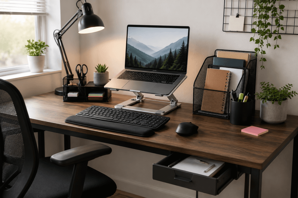 Organized student desk setup with laptop stand, ergonomic keyboard, desk organizer and study accessories