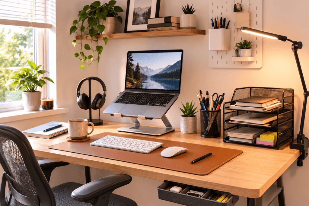 Affordable desk setup with laptop stand, desk lamp, organizer, desk mat, headphones, and practical accessories under $20.