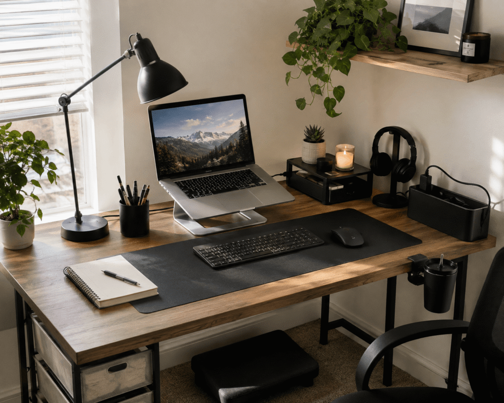 Small home office setup with laptop stand, desk lamp, desk mat, organizers, and practical desk accessories under $25