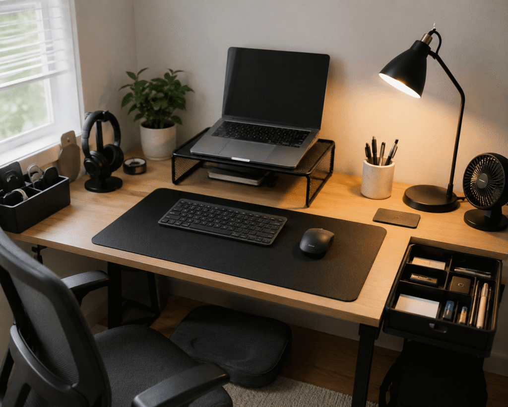 Small home office setup with affordable desk accessories, laptop stand, desk lamp, organizer, desk mat, footrest, and USB fan.