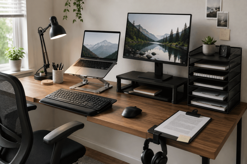 Organized home office desk with laptop stand, monitor riser, keyboard, desk lamp and storage accessories