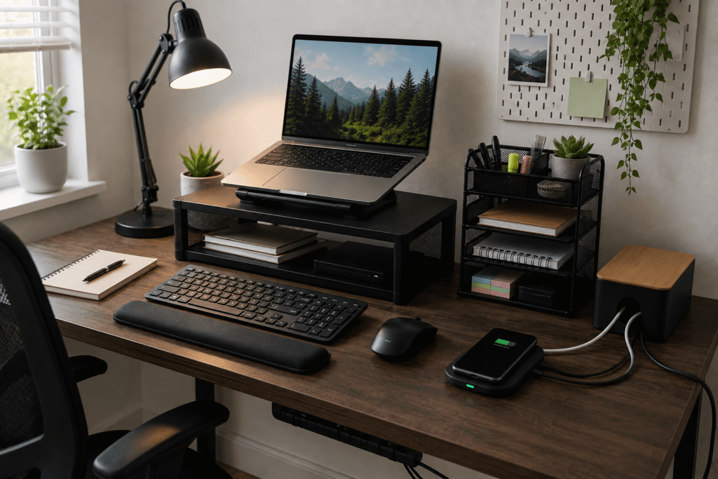 Organized home office desk with laptop stand, wrist rest, desk organizer, lamp and cable management accessories