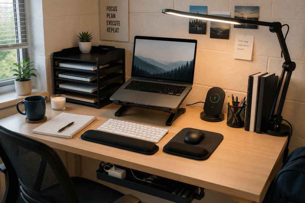 College student desk setup with laptop stand, desk lamp, wrist rest, paper organizer and cable management
