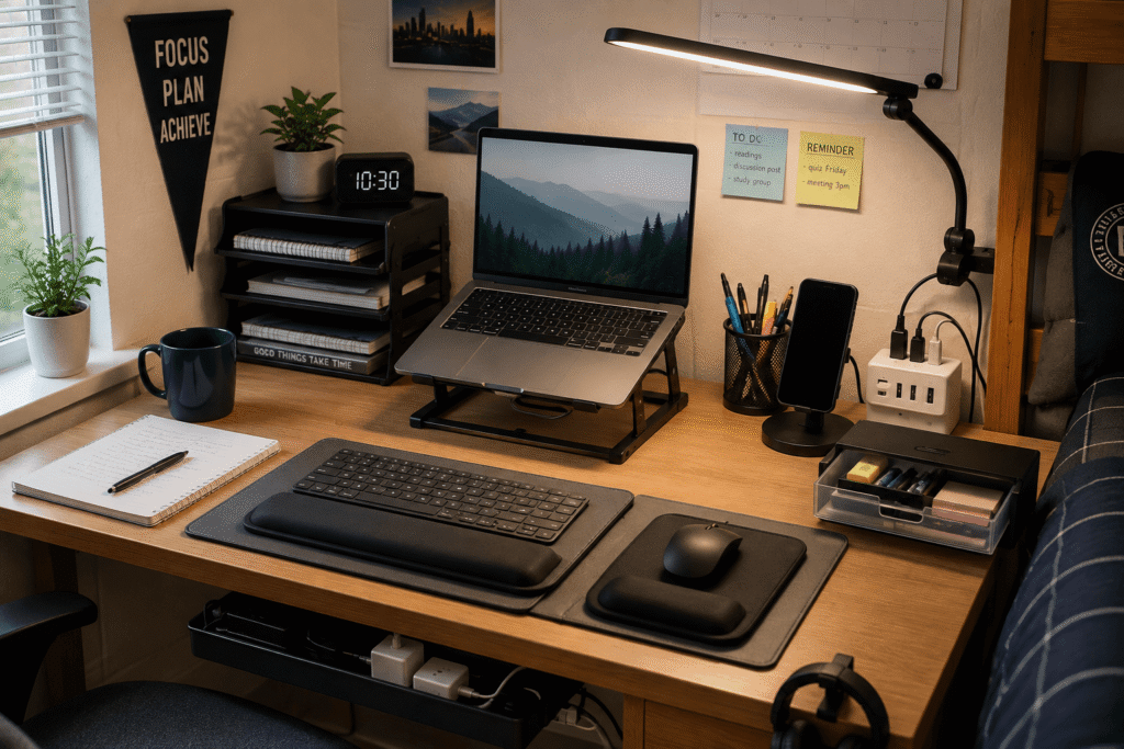 Organized dorm desk setup with laptop stand, LED desk lamp, wrist rests, phone stand and cable management
