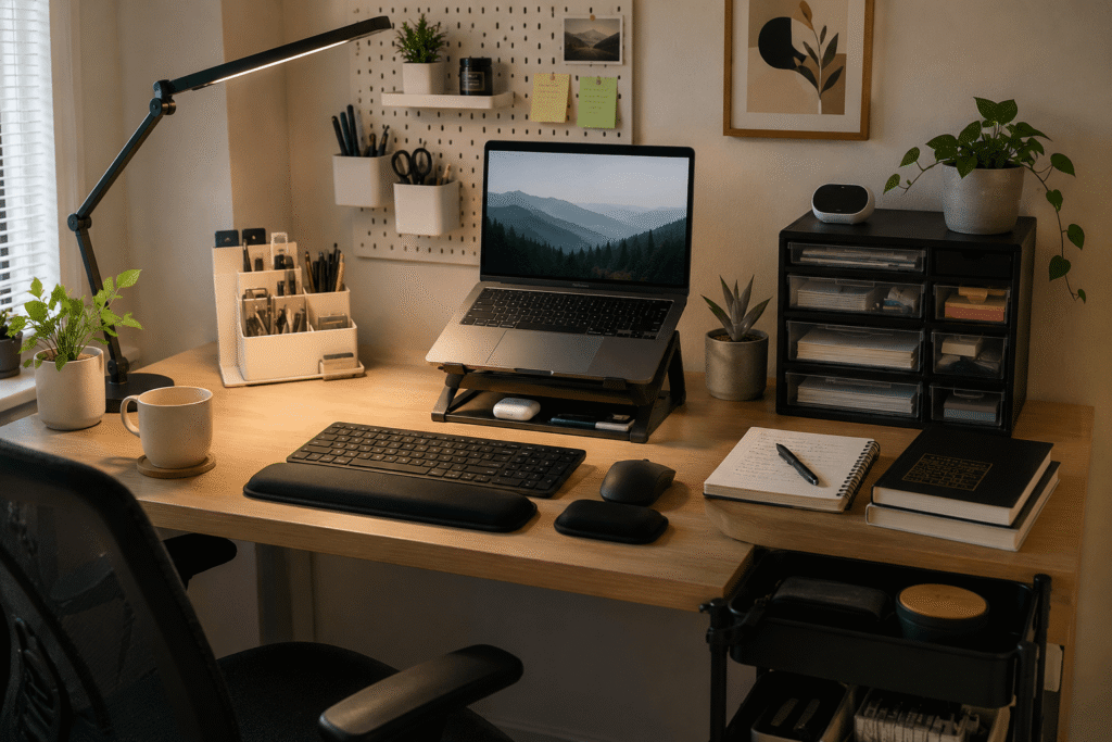 Small desk setup with laptop stand, ergonomic wrist rest, desk organizer, task lamp and compact storage solutions