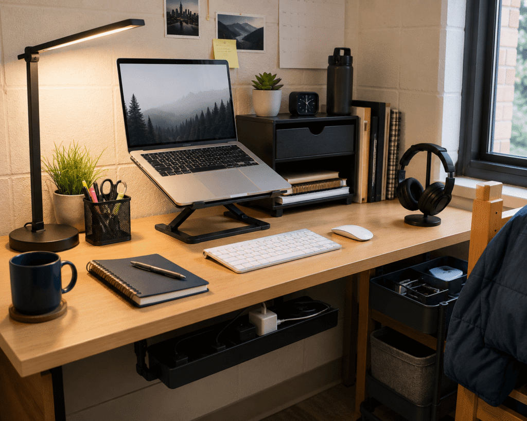 Small dorm desk setup with laptop stand, desk organizer, cable management, lamp and rolling storage cart