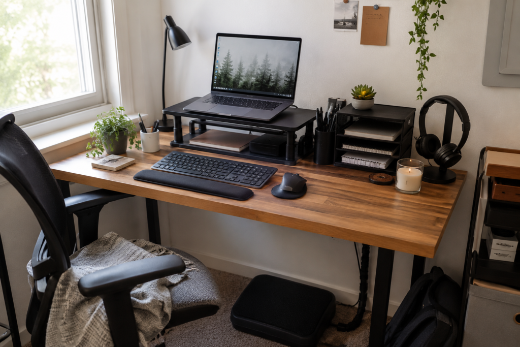 Small student desk setup with laptop stand, keyboard, wrist rest, desk lamp, organizers and headphones