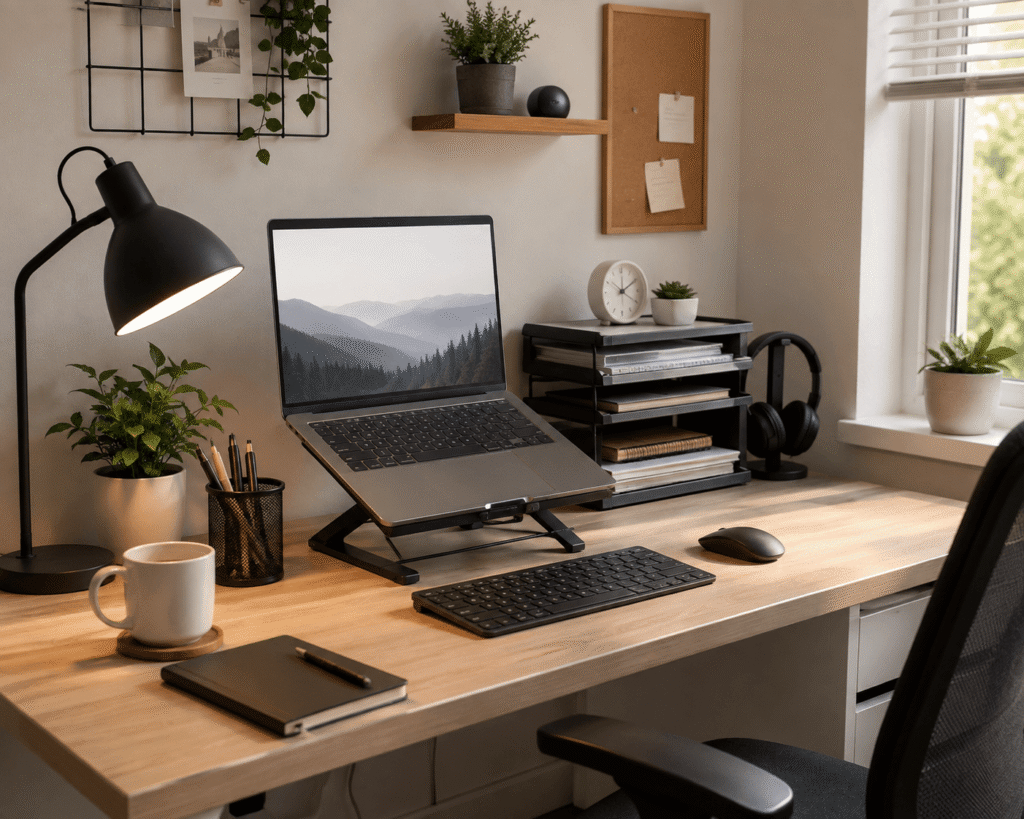Small student desk setup with laptop stand, desk lamp, organizer, headphones and study accessories