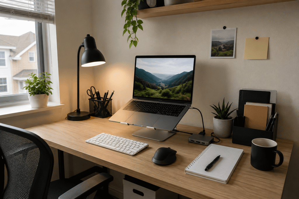 Small home office desk setup with an adjustable laptop stand, keyboard, mouse, desk lamp, and organizers.