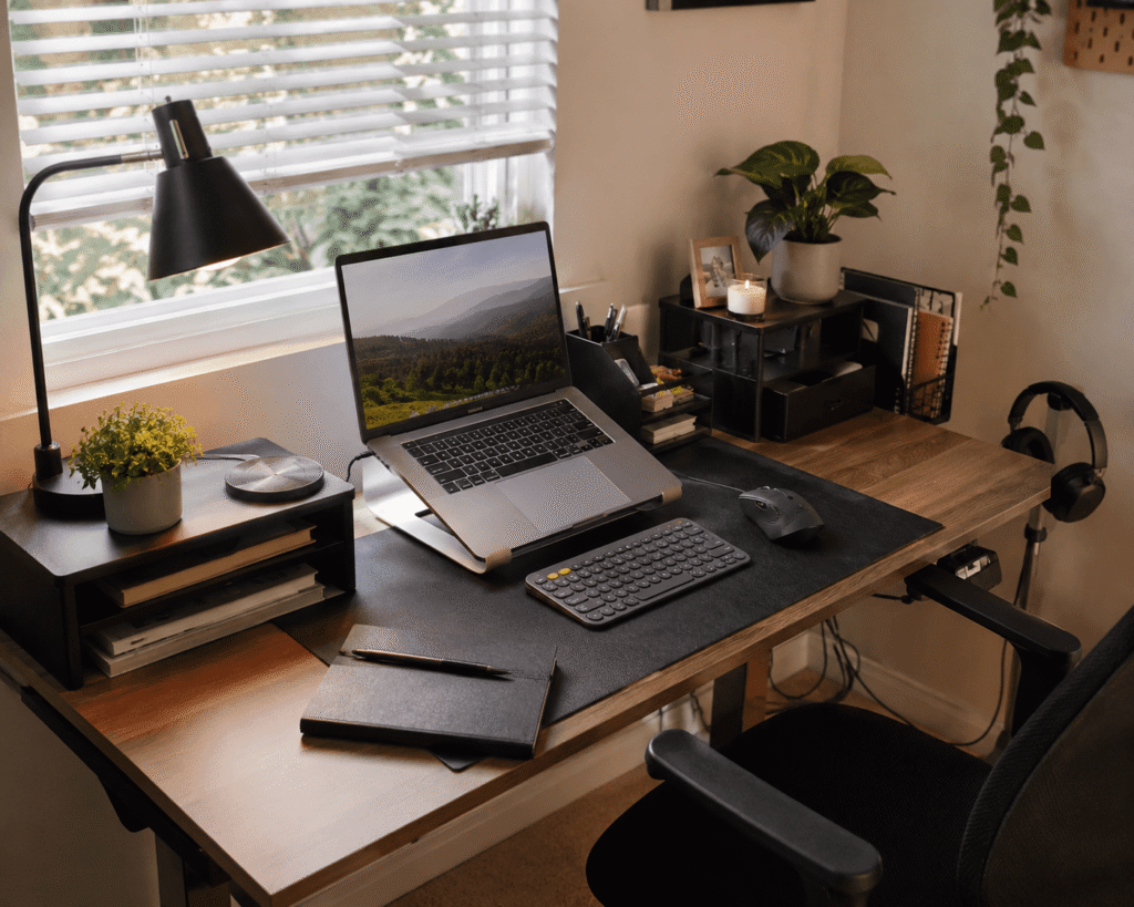 Affordable home office desk setup with laptop stand, desk lamp, organizer, desk mat, keyboard, mouse, and practical workspace accessories.