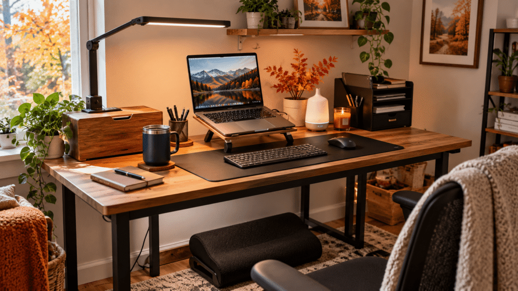 Cozy autumn home office with warm desk lighting, laptop, desk mat, coffee mug, organizer and ergonomic accessories