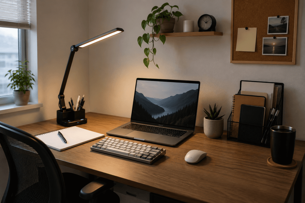 Modern home office desk setup with an adjustable LED desk lamp, laptop, keyboard, mouse, and desk organizers.