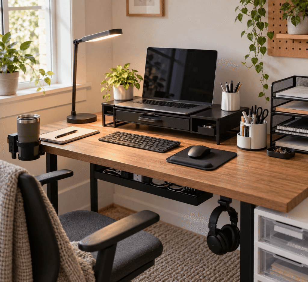 Small home office setup with budget desk organizers, laptop stand, cable management, pen holders, paper trays, and desk accessories.