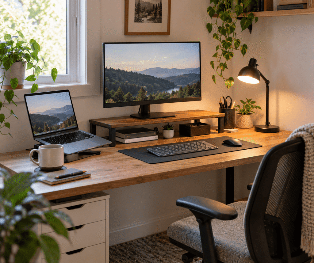 Clean home office desk setup with a monitor stand, laptop, desk lamp, keyboard, and workspace accessories