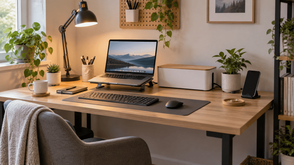 Clean home office desk setup with a cable management box, laptop, keyboard, mouse, and desk lamp