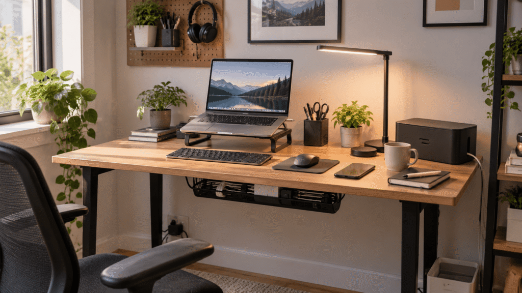 Clean home office desk setup with organized cables, under-desk cable management tray, laptop, keyboard, mouse, and desk accessories