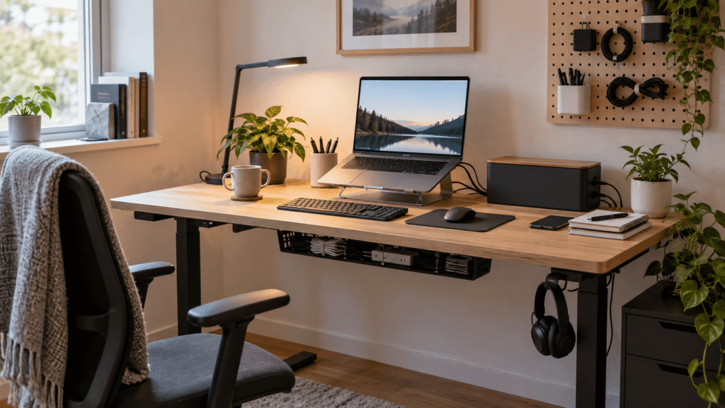 Clean home office desk setup with organized cables, under-desk cable management, laptop, keyboard, mouse, and desk accessories.