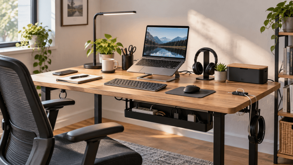 Clean home office desk setup with organized cables and under-desk cable management