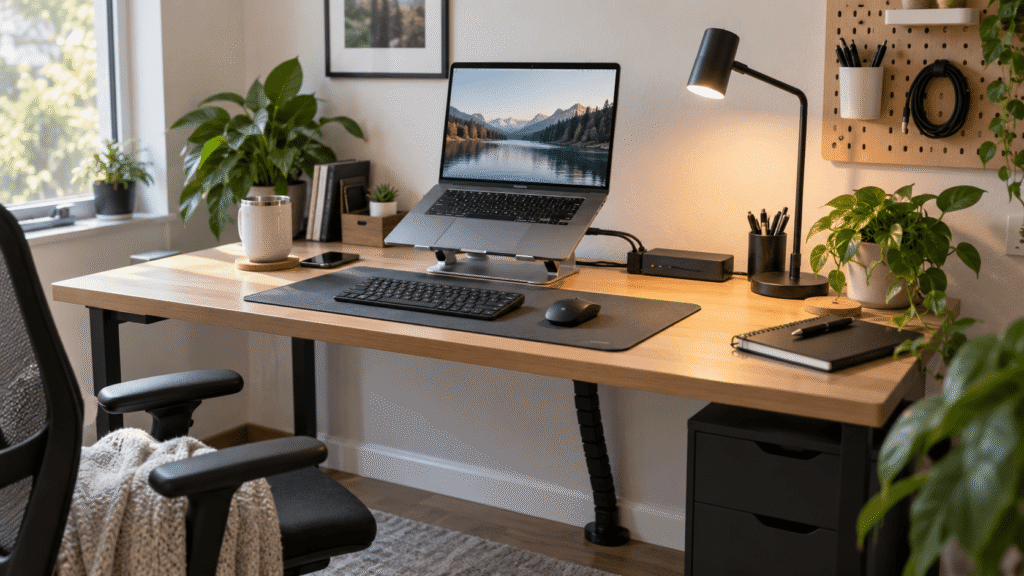 Clean home office desk setup with organized cables, laptop, keyboard, mouse, and cable management accessories