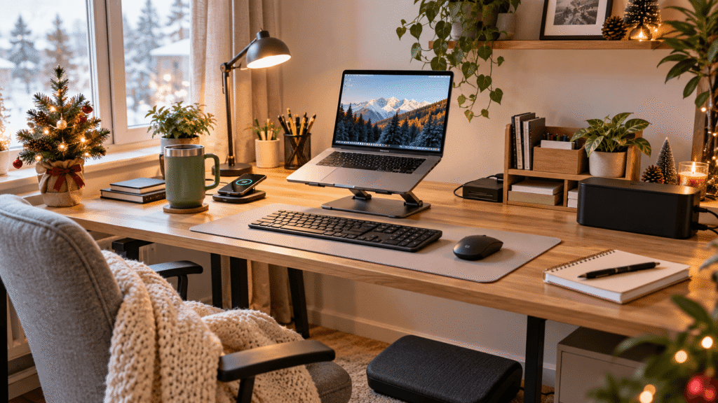 Cozy Christmas desk setup with practical gifts and accessories for remote workers