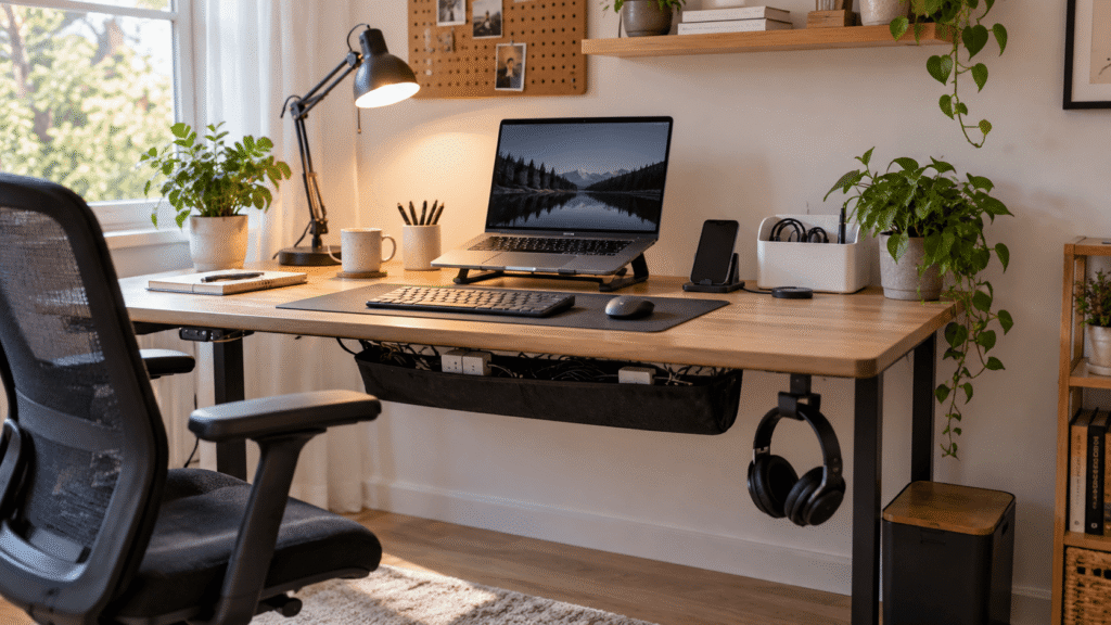 Clean home office desk setup with organized cables and under-desk cable management