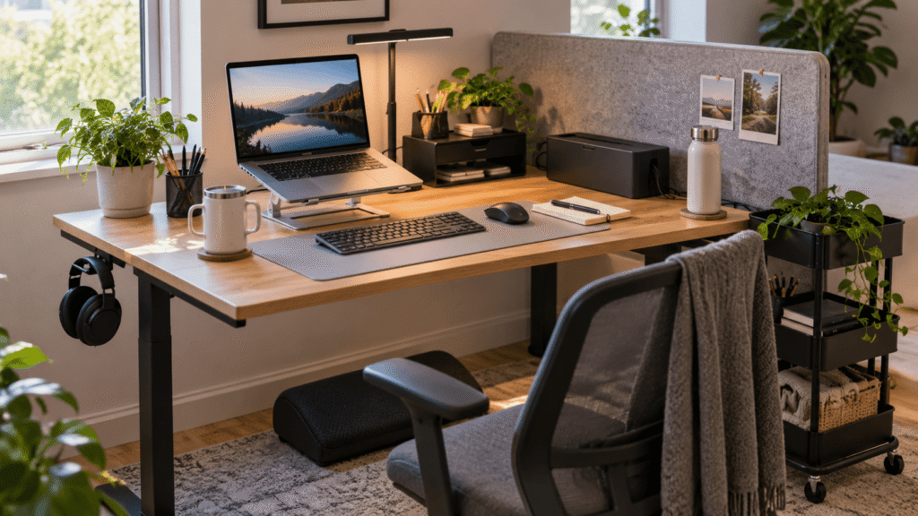 Shared home office desk setup with laptop stand, desk organizer, cable management, footrest, and space-saving accessories