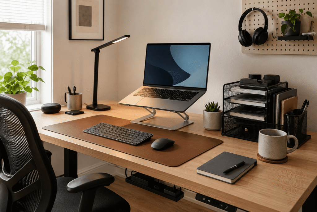 Small home office setup with laptop stand, desk lamp, organizer, desk mat and practical desk accessories under $50
