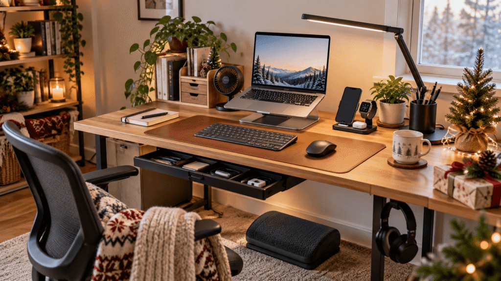 Christmas desk gift ideas for a cozy home office with laptop stand, desk lamp, organizer and practical workspace accessories