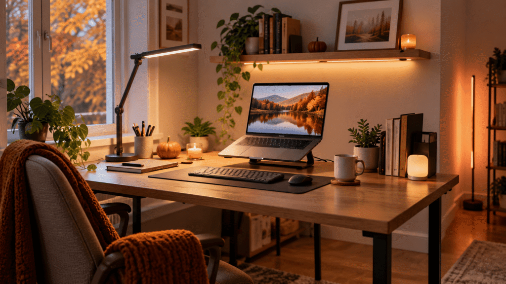 Cozy fall desk setup with warm desk lighting, ambient lights, laptop, keyboard, and practical home office accessories.