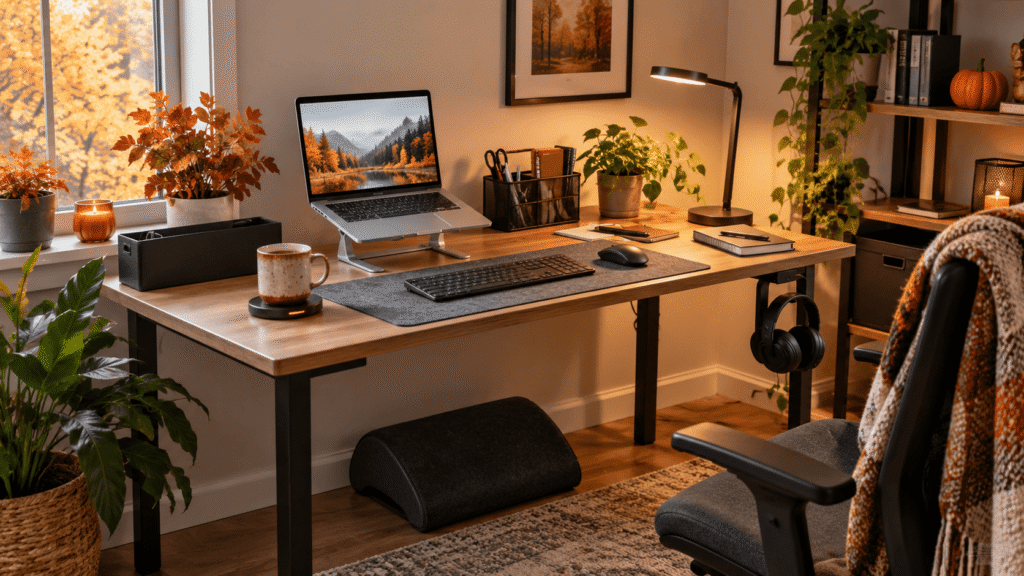 Cozy fall desk setup with laptop, warm desk lamp, felt desk mat, mug warmer, footrest, and organized home office accessories