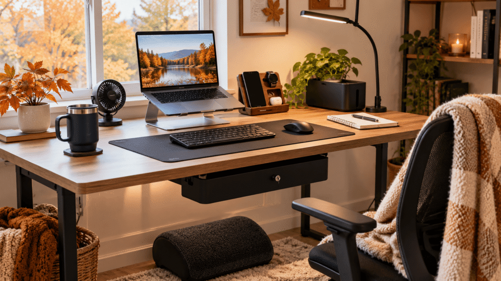 Cozy fall home office desk setup with laptop stand, desk lamp, footrest, coffee mug, organizer, and warm seasonal accessories