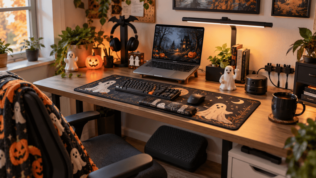 Cozy Halloween desk setup with ghost desk mat, pumpkin light, monitor lighting, headphone stand, and seasonal desk accessories