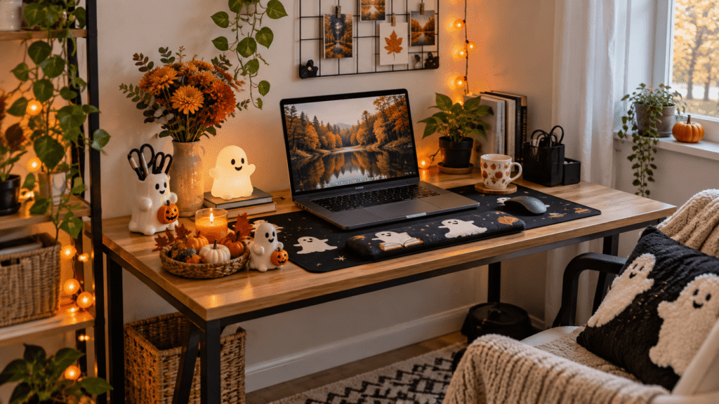 Budget Halloween desk decor with ghost accessories, mini pumpkins, orange lights, and fall decorations in a cozy home office