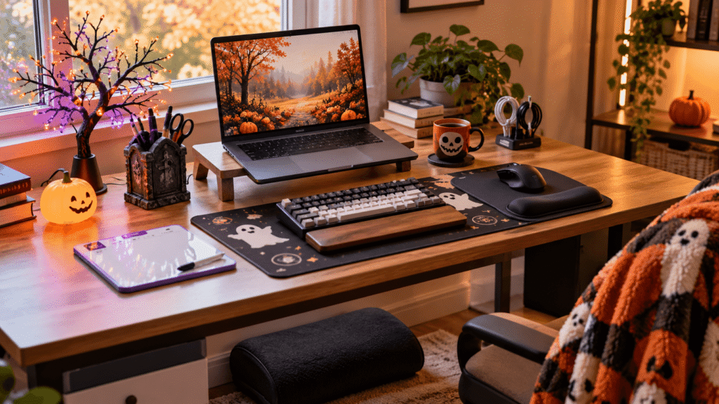 Cozy Halloween desk setup with pumpkin lights, spooky desk accessories, keyboard, mouse, coffee mug, and home office essentials.