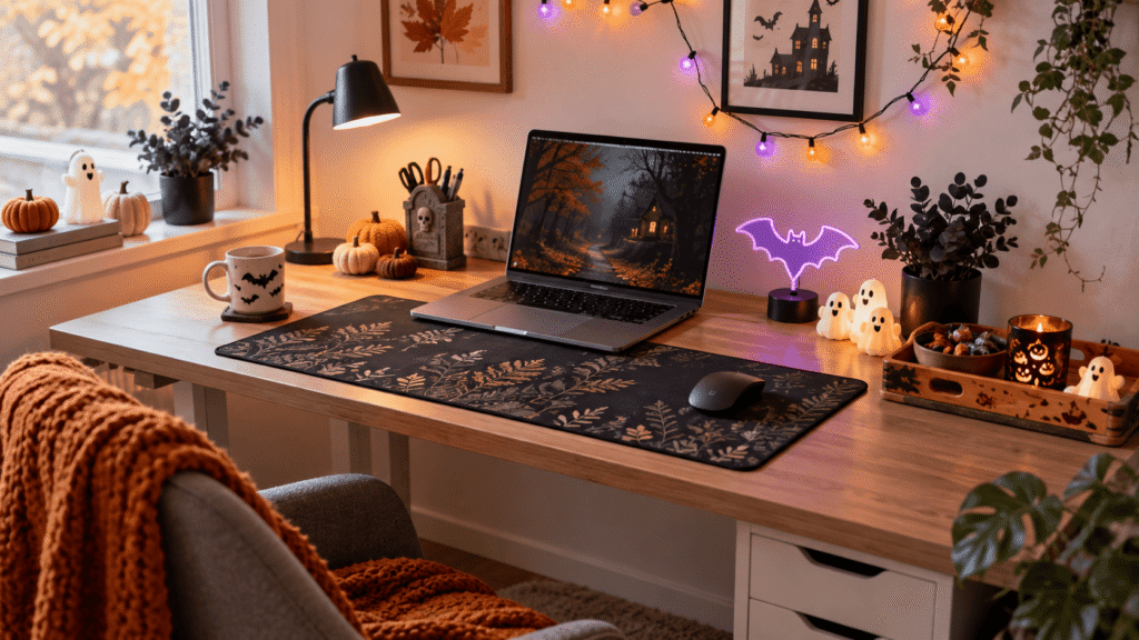 Halloween office desk setup with pumpkins, string lights, spooky decor, desk mat, laptop, and seasonal workspace accessories