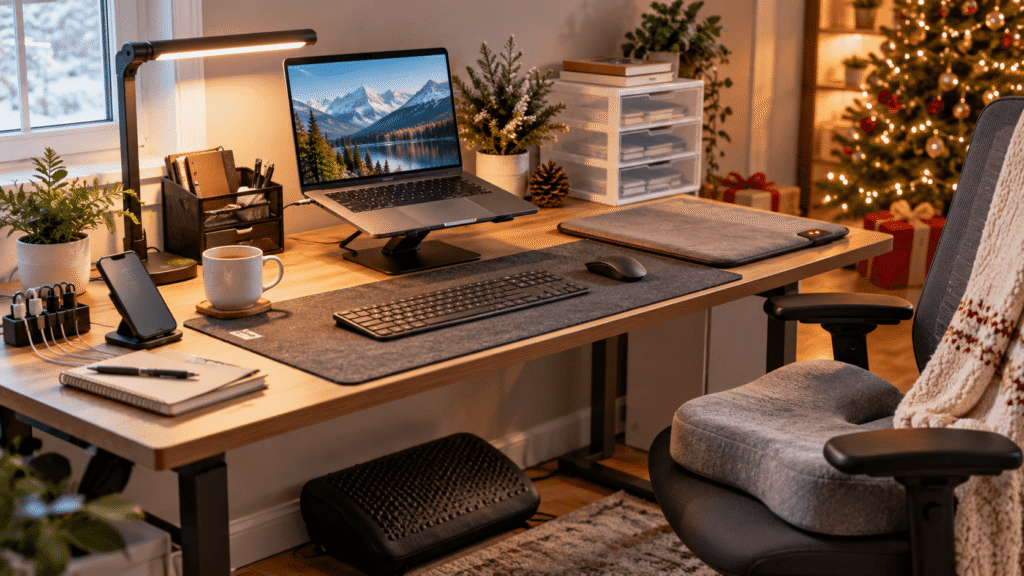 Cozy home office Christmas desk setup with laptop stand, desk lamp, organizer, wireless charger, footrest, and ergonomic accessories