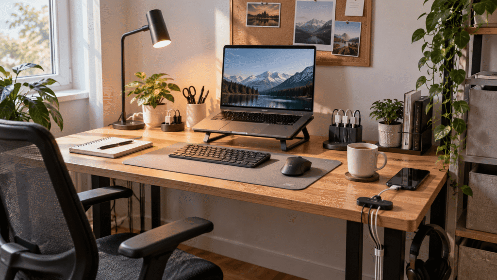 Clean home office desk setup with magnetic cable holders keeping charging cables organized