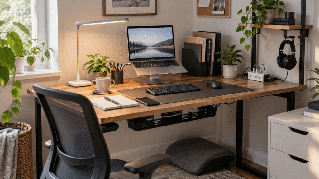 Minimalist desk setup for a small space with laptop stand, desk lamp, keyboard, organizers, and cable management