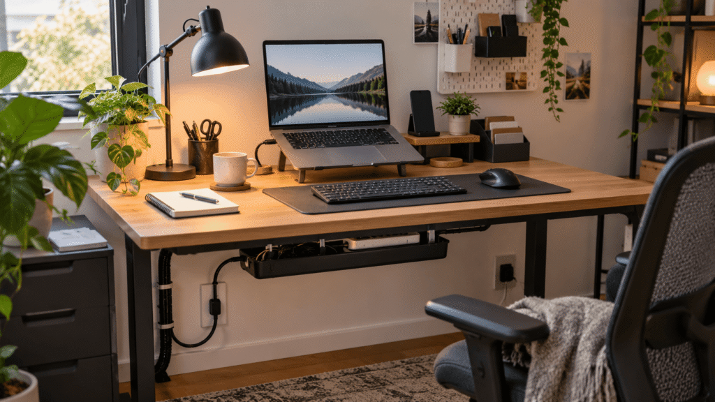 Organized home office desk with under-desk power strip, cable management tray, laptop, keyboard, mouse, and desk lamp.