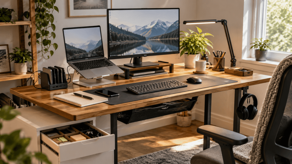 Organized home office desk with laptop stand, monitor, desk mat, lamp, cable management, charging station and other desk accessories