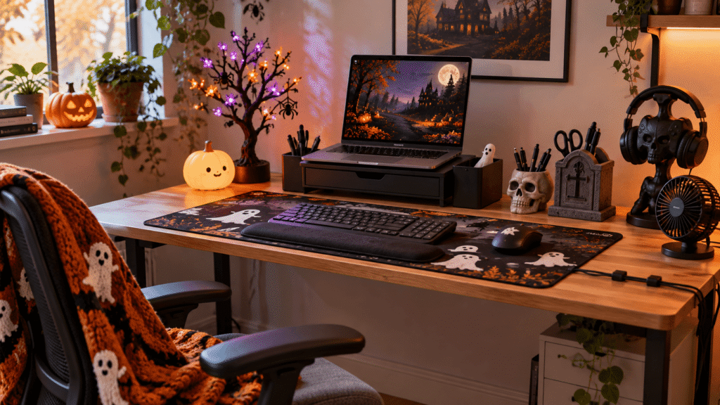 Cozy Halloween desk setup with spooky desk accessories, ghost desk mat, pumpkin lights, skull organizer and gothic decorations.