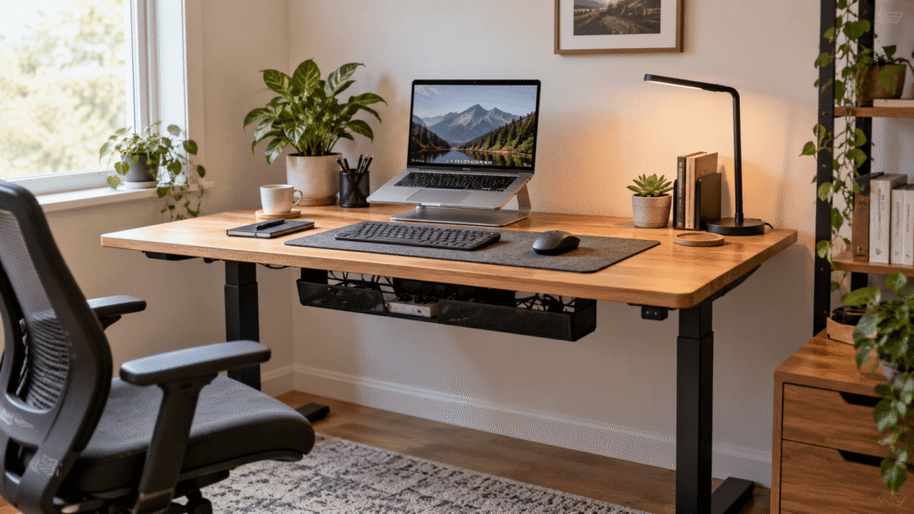 Clean home office desk setup with an under desk cable management tray organizing power cords and cables.
