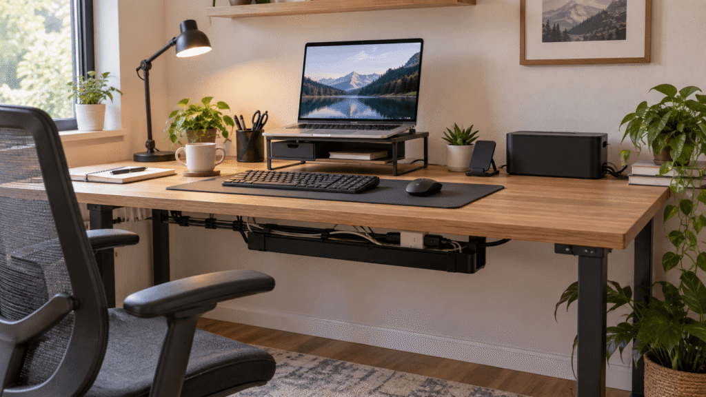 Clean home office desk setup with organized cables, laptop, keyboard, mouse, desk lamp, and under-desk cable management.