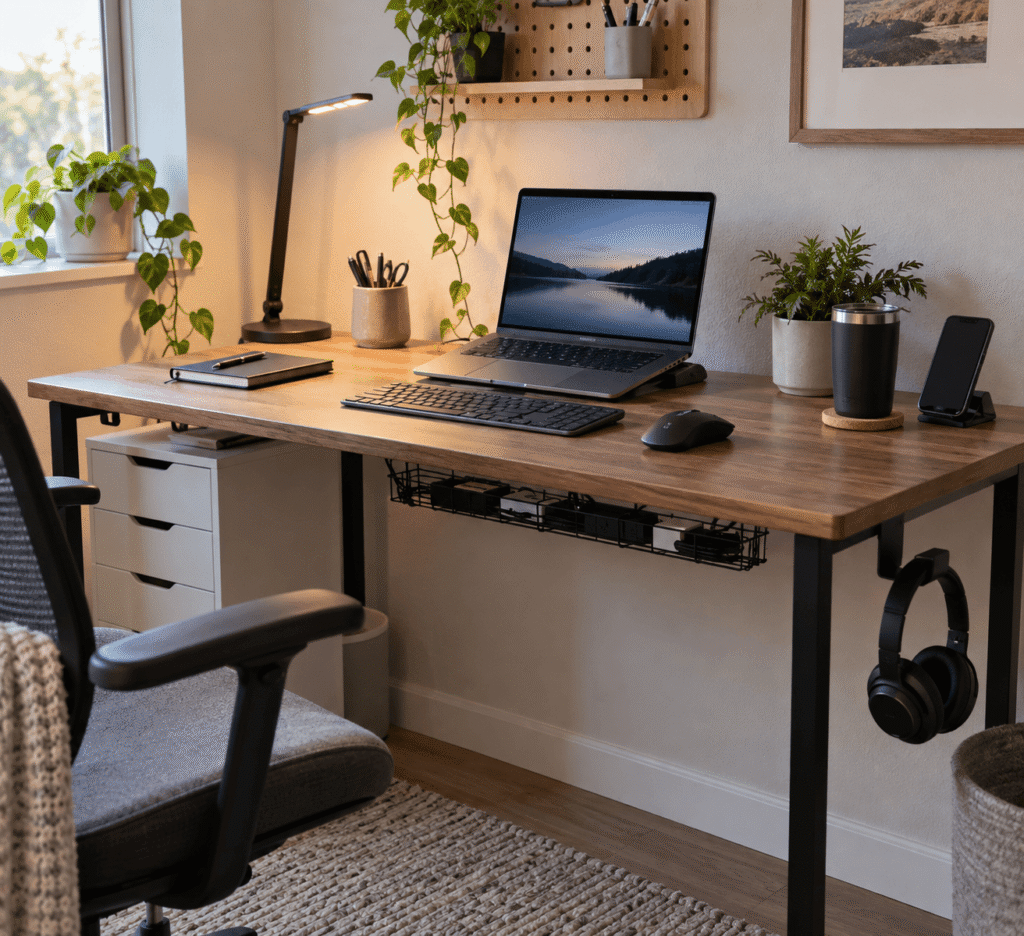 Clean home office desk setup with under-desk cable management, laptop, desk lamp, keyboard, and organized accessories