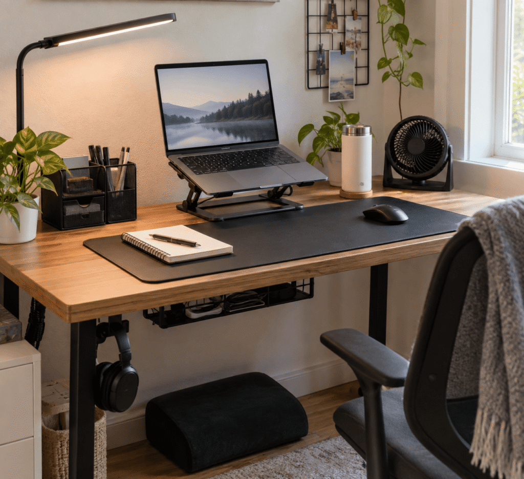 Budget workspace accessories in a clean home office desk setup with laptop stand, desk lamp, organizer, desk mat and cable management.