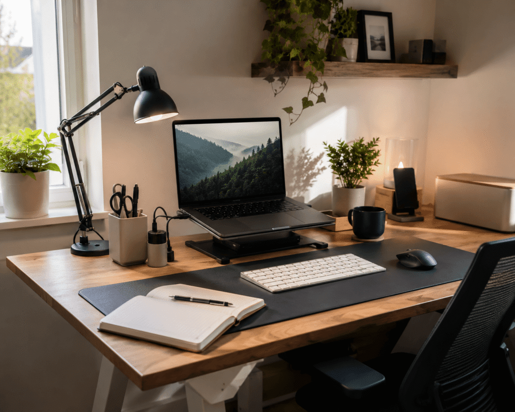 Affordable home office desk setup with laptop stand, desk mat, lamp, cable organization, keyboard, mouse, and practical desk accessories.
