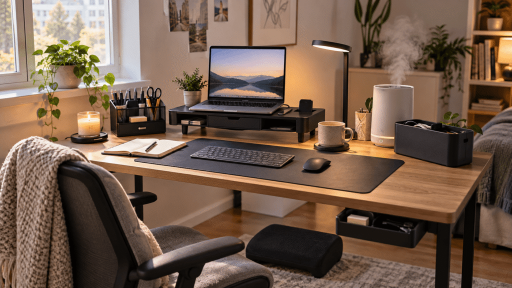 Cozy work-from-home desk setup with warm lighting, desk organizer, monitor stand, desk mat, footrest, mug and humidifier