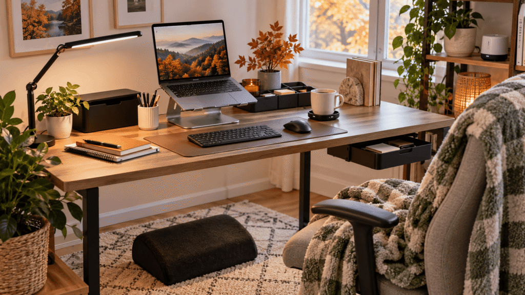 Cozy fall desk setup with laptop, warm desk lamp, footrest, throw blanket, organizers, and autumn views.