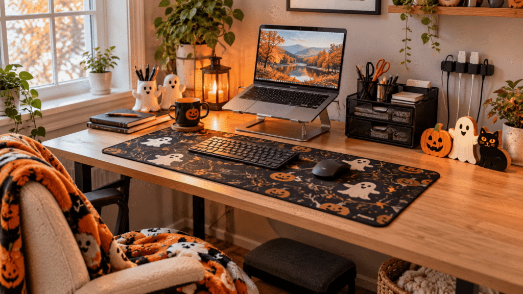 Cute Halloween desk accessories for work with ghost desk mat, pumpkins, laptop stand, organizer, and cozy fall decor