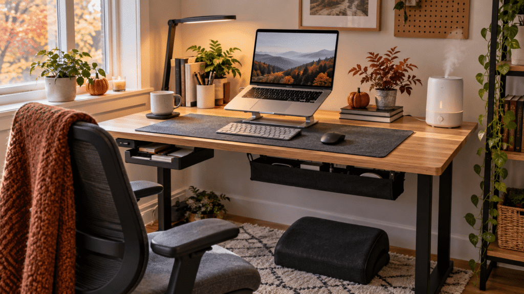Cozy fall desk setup with laptop stand, warm desk lamp, desk mat, footrest, humidifier, and organized home office accessories